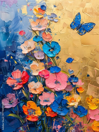 Abstract oil canvas of flowers and butterfly  gold line art with palette knife  inspired by the tactile feel of ceramic street art