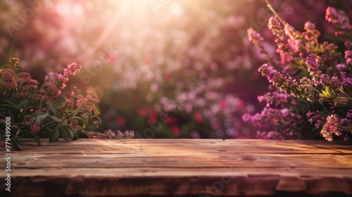 Garden freshness blurred behind an empty wooden table, the scene lit by a romantic pink Valentine light, setting a charming mood for products