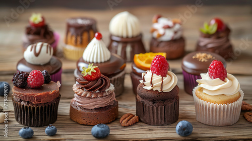 An assortment of beautiful and delicious cakes, pastries, and desserts with various fillings such as chocolate mousse, strawberry cream cheese or fruit inside, on a wooden table background.