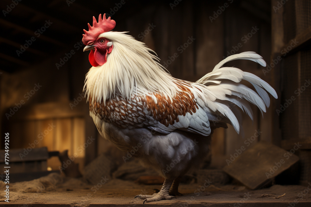 Barnyard King: A detailed render of a chicken with its feathers ruffled, standing tall, isolated on a pride of the coop background, capturing the character and presence of the barnyard staple,