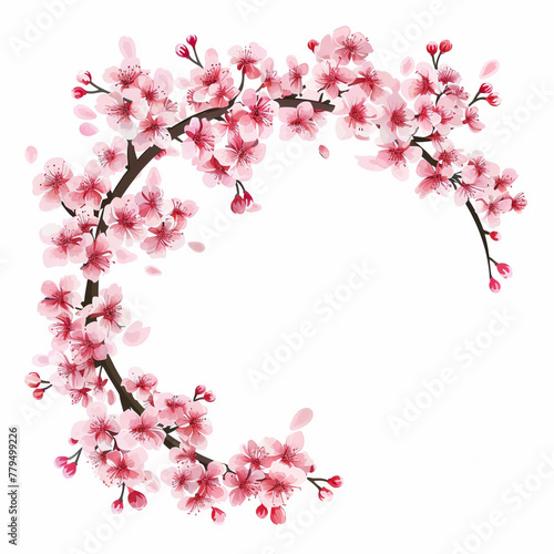Flowers, buds and petals of sakura. Watercolor style spring round border frame with branches blossoming cherry. Generative ai.