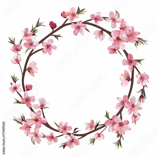 Flowers, buds and petals of sakura. Watercolor style spring round border frame with branches blossoming cherry. Generative ai. © makstorm