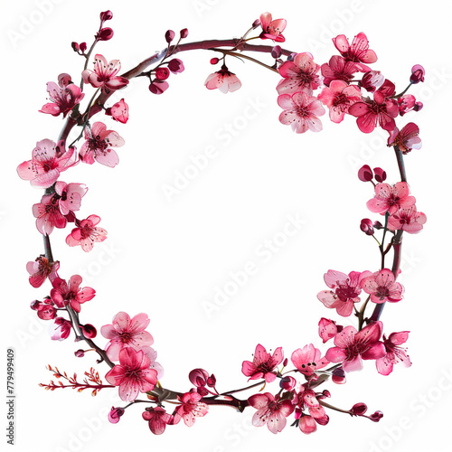 Flowers  buds and petals of sakura. Watercolor style spring round border frame with branches blossoming cherry. Generative ai.
