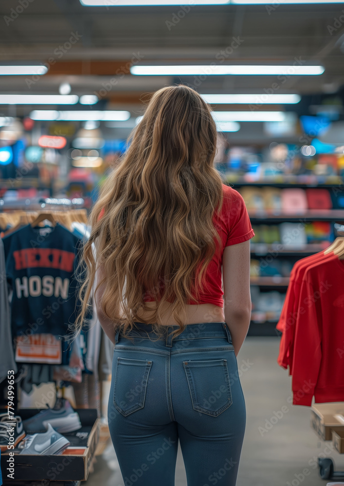 A woman with long brown hair stands in a store looking at clothes