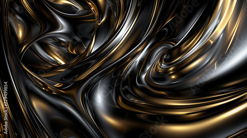 Abstract backgrounds, swirling flowing patterns, black and gold reflections of light on metallic surfaces. photo