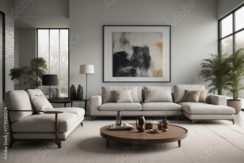 Modernes Wohnzimmerdesign mit heller Couch, abstraktem Wandbild und stilvollen Möbeln
