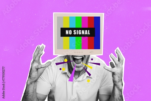 Creative picture collage young outraged man screaming no signal computer display monitor signal furious emotional crazy anger