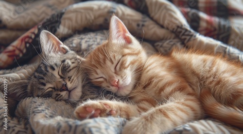 Two cute cats sleeping together on a soft blanket at home, a romantic concept of love and friendship between pet animals. A love-themed wallpaper for a pet shop advertisement © Sabina Gahramanova