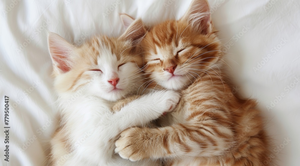 Two cute cats sleeping together on a soft blanket at home, a romantic concept of love and friendship between pet animals. A love-themed wallpaper for a pet shop advertisement Two cute cats sleeping together on a soft blanket at home, a romantic concept of love and friendship between pet animals. A love-themed wallpaper for a pet shop advertisement