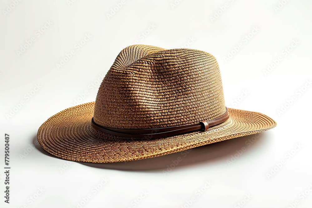 Classic Straw Fedora Hat with Black Band on White.