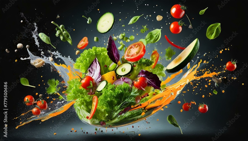 Vegetable salad with flying ingredients on black background. Mixed media. Created with AI generator.
