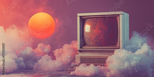 Wallpaper Mural Surreal Vintage Television Under a Giant Red Sun Amidst Clouds Torontodigital.ca
