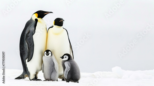 A family of emperor penguins standing together on the snow-covered surface  with one baby chick in between them. 