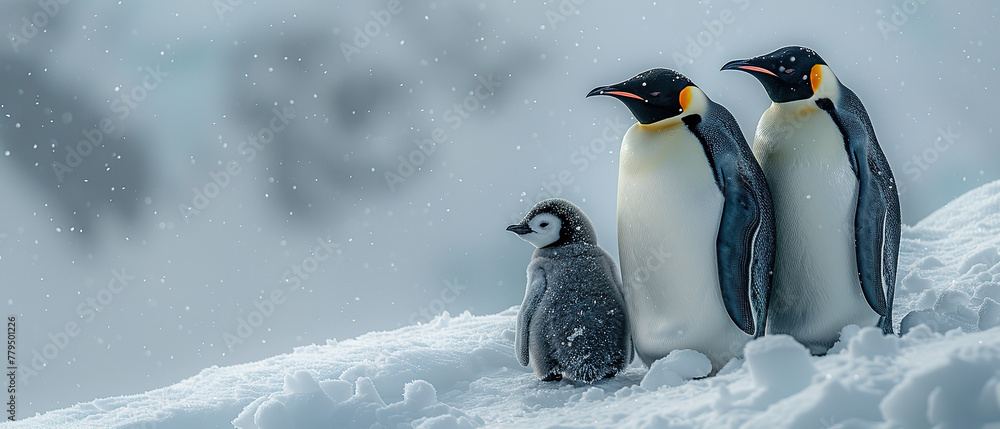 Fototapeta premium A family of emperor penguins standing together on the snow-covered surface, with one baby chick in between them.