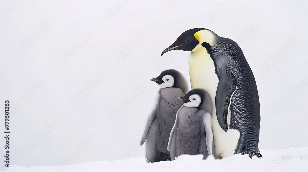 Naklejka premium A family of emperor penguins standing together on the snow-covered surface, with one baby chick in between them.