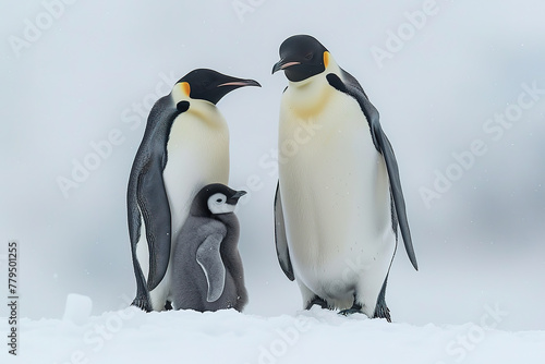 A family of emperor penguins standing together on the snow-covered surface  with one baby chick in between them. 