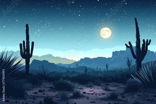 Moonlit desert with distant silhouettes, AI-generated