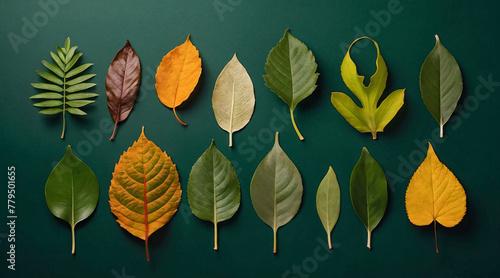 Top view of many different autumn leaves. Autumnal green background with colorful leaves, flat lay photo
