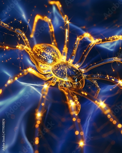 Neon spider within a futuristic digital network.A vibrant, digitally-rendered spider connected with neon lines and dots, symbolizing advanced technology or cyber connections © Vuk