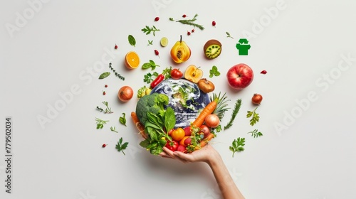 Woman s Hand Presenting a Variety of Fresh Produce Around a Globe on a Light Background