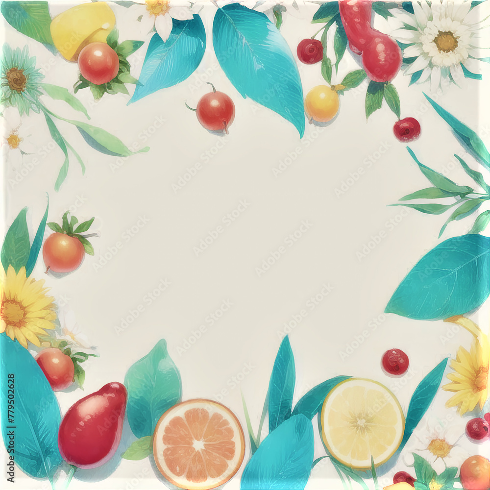 Summer background with borders of berries, fruits, flowers and leaves with copy space frame