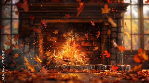 fire burning in a fireplace with autumn leaves swirling around in front of the fireplace.