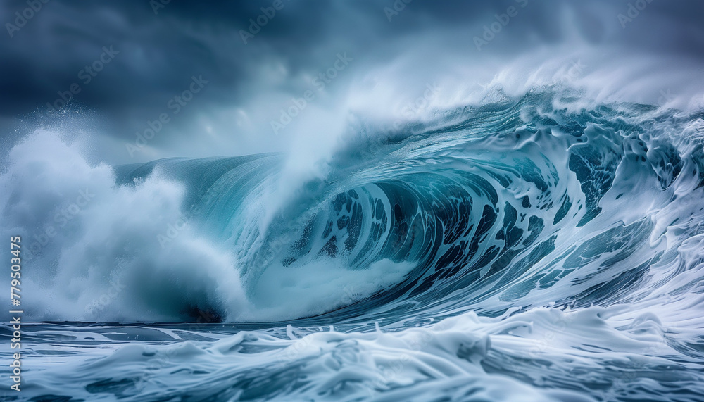 powerful wave curls and crashes with immense power, spraying foam in the dramatic light powerful wave curls and crashes with immense power, spraying foam in the dramatic light
