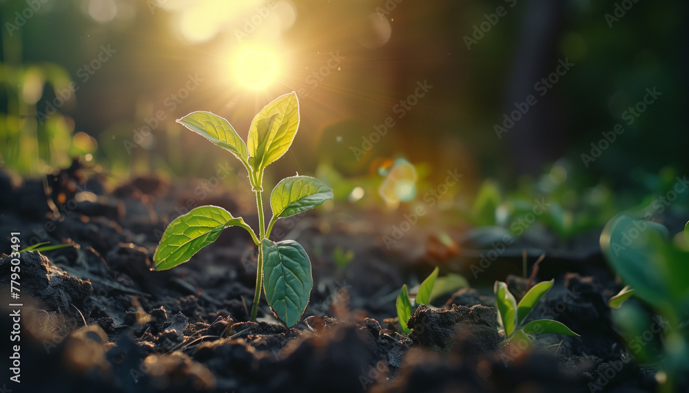 A young plant sprouts from the soil, reaching towards the warm beautiful sunlight of a new day A young plant sprouts from the soil, reaching towards the warm beautiful sunlight of a new day