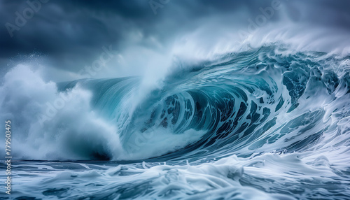 powerful wave curls and crashes with immense power, spraying foam in the dramatic light