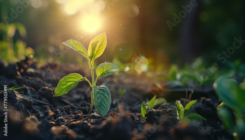 A young plant sprouts from the soil, reaching towards the warm beautiful sunlight of a new day