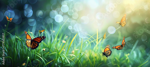 Abstract natural background with butterflies and green grass 