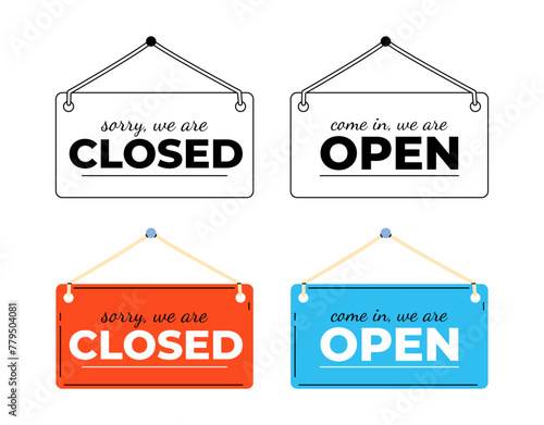 Creative vector illustration sign - sorry we are closed, open. Art design open closed banner on door store template. Signboard with a rope. Abstract concept for businesses, site, shop services element