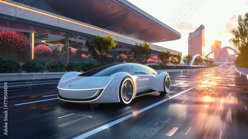 Futuristic Car Driving Through Urban City photo