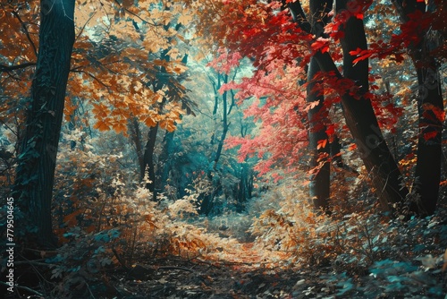 Surreal forest in autumn with leaves changing colors AI-generated