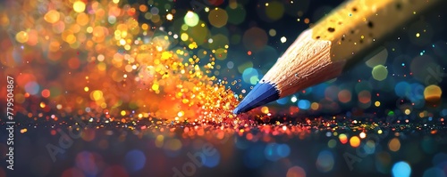 Vibrant pencil tip releases colorful glitters & pigments, symbolizing creativity & magic on paper photo
