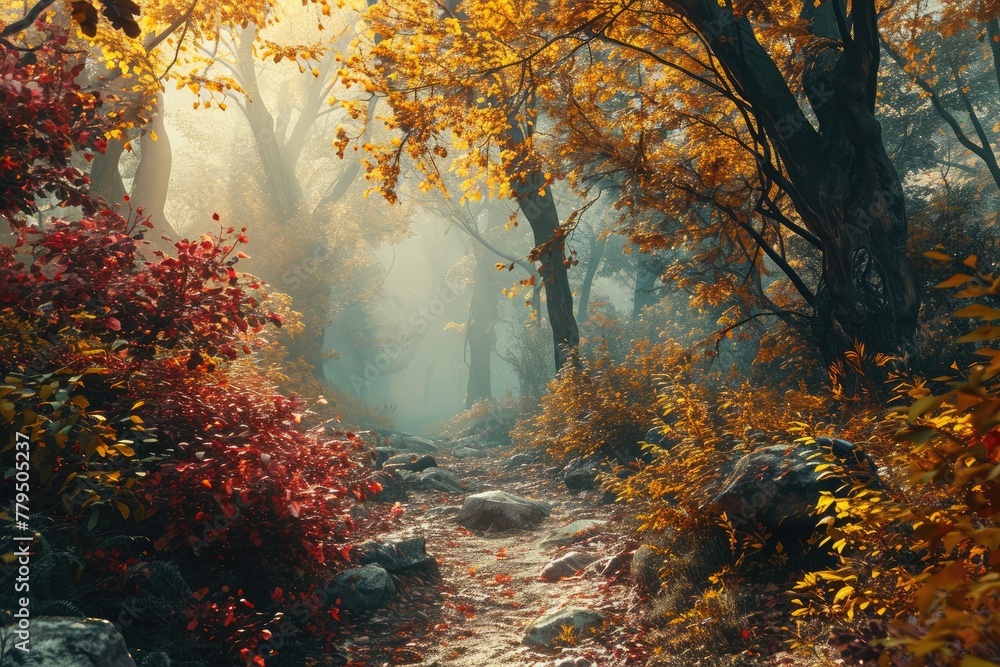 Surreal forest in autumn with leaves changing colors
 AI-generated - obrazy, fototapety, plakaty 