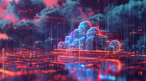 A cloud with multiple layers of security firewalls, Cloud Security, dynamic and dramatic compositions, with copy space photo