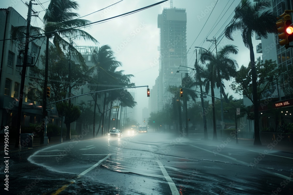 Naklejka premium Hurricane wind on a city street