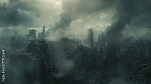A cityscape in ruins, with smoke rising from the buildings. The sky is dark and ominous, and the air is thick with the smell of smoke and ash. photo