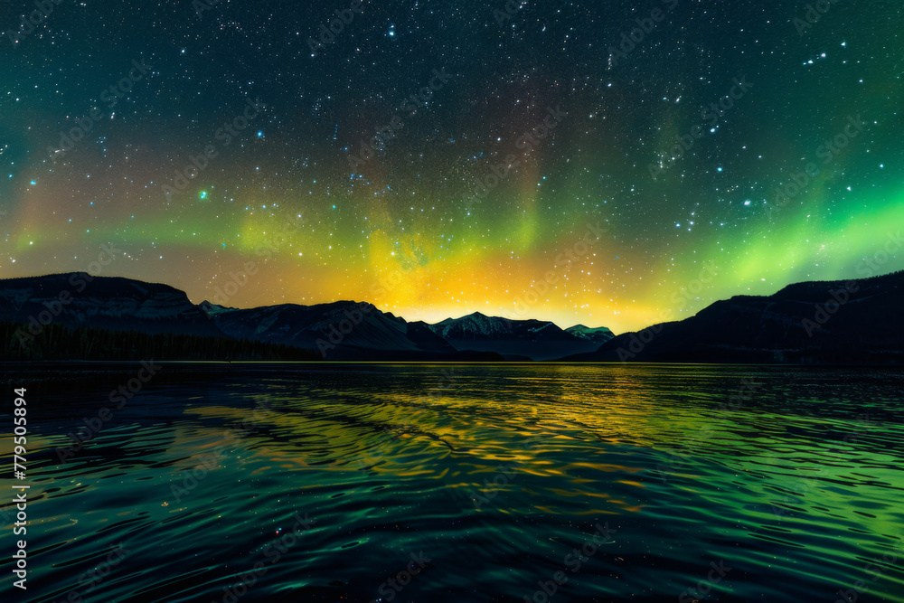 Stunning view of green northern lights over mountains with reflection in the lake at night