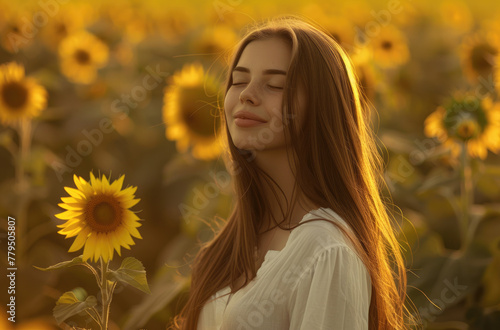 A girl with long brown hair stands in the middle of sunflower field  her eyes closed and she is smiling  looking happy
