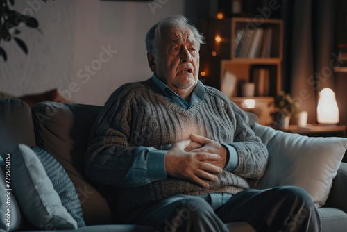 An older man is sitting on a couch with his hands on his stomach