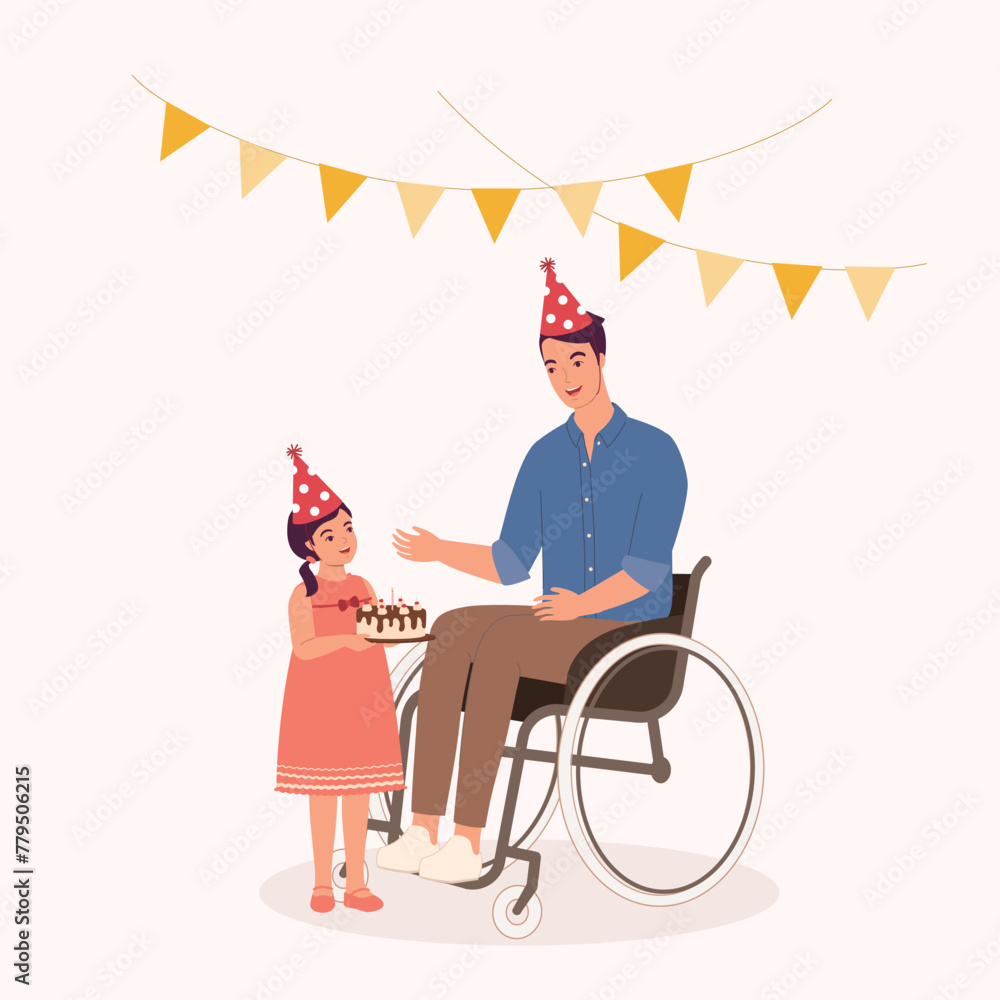 Smiling Disabled Father In Wheelchair Celebrating His Birthday With His Little Daughter. Full Length.