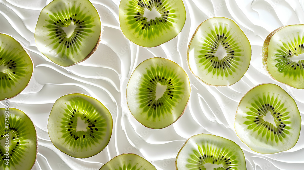 Fototapeta premium Kiwi slices on a white background, vibrant and inviting, showcasing natural beauty and texture with dynamic contrast. 
