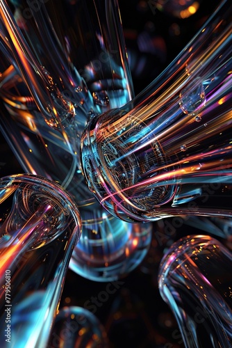 Solid black background enhancing the beauty of abstract glass art, depicting a science fiction theme with skintight designs and steam punk elements,  photo