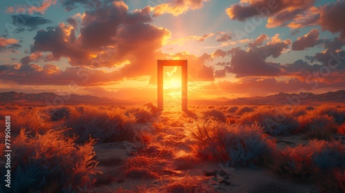 Fantasy magical open door in the meadow at sunset to mystical concept Background AI Generated