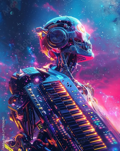 A cyborg from an old cartoon, its form overlapping with musical keyboards through double exposure, against a galaxy backdrop, in clean 2D digital art, 