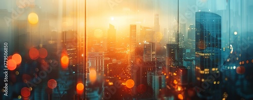 Cityscape, skyscrapers, bustling city life, capturing the energy of urban hustle and bustle, with a focus on futuristic architecture Realistic, Backlights, Chromatic Aberration