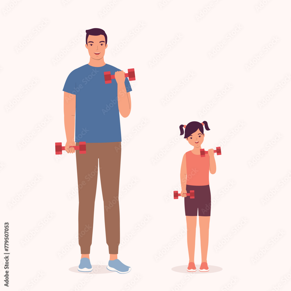 Smiling Father And His Little Daughter Lifting Dumbbells For Strength Training Exercises. Smiling Father And His Little Daughter Lifting Dumbbells For Strength Training Exercises.