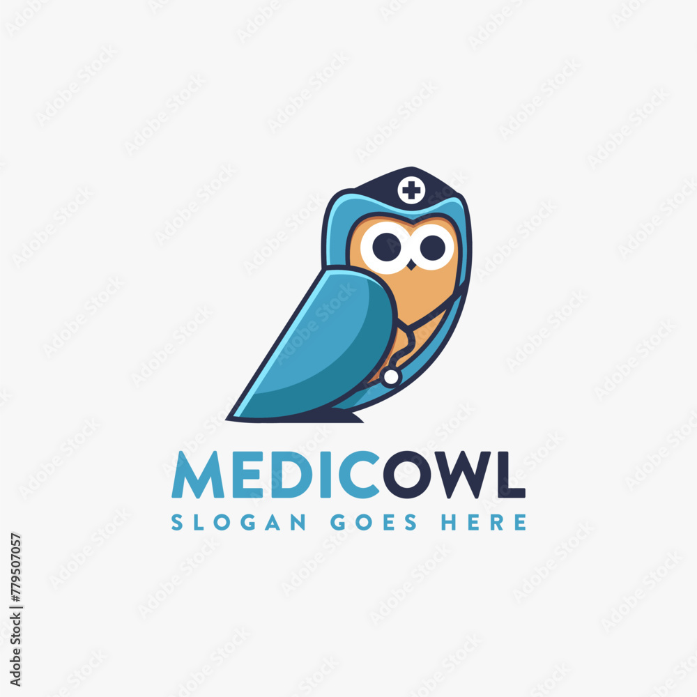Naklejka premium Fun medical owl logo mascot vector illustration on white background